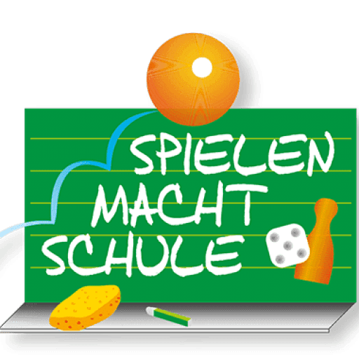 Grünes Logo „Spielen macht Schule“ mit orangefarbener Glühbirne, weißer Schrift und Würfel-Icon vor einem grünen Bildschirmrahmen, klar erkennbar.