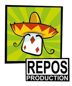 Buntes Repos-Produktionslogo mit gelben Farbflächen, stilisiertem Hut, roten und weißen Formen sowie dem Schriftzug „REPOS PRODUCTION“.