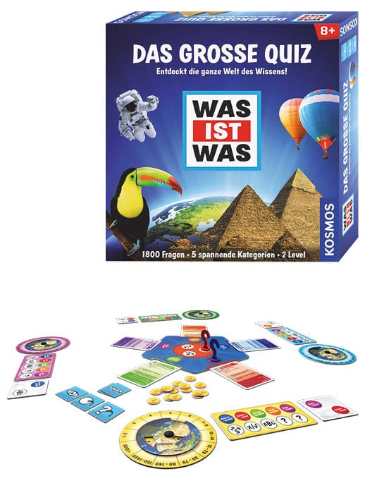 Blau-rotes Cover „WAS IST WAS? – DAS GROSSE QUIZ“ von KOSMOS mit „1800 Fragen“ sowie Bildern von Astronaut, Toucan und Pyramiden.