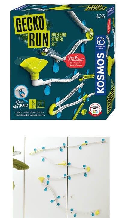 GECKO RUN Starter Set von KOSMOS mit Nanopads und vertikaler Kugelbahn: farbige Streckenbauteile aus dem Kugelbahnen-Set mit sichtbarer Laufbahn an glatten Flächen.