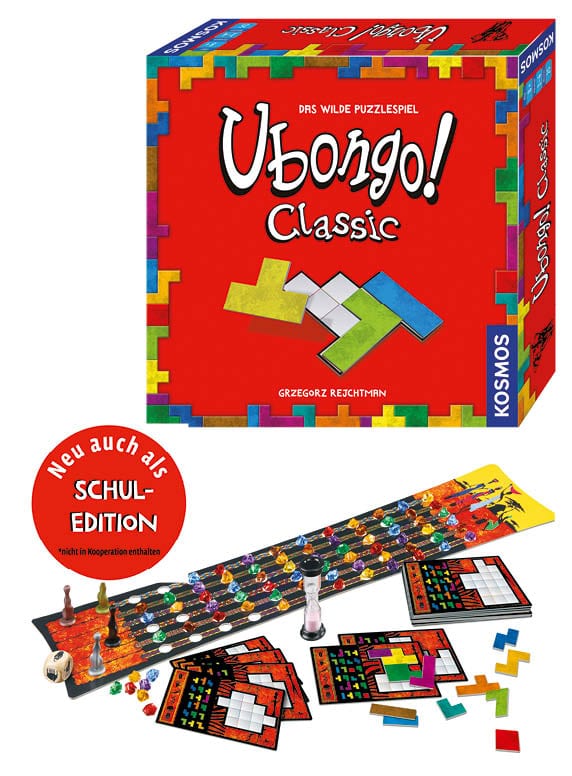 Rot-bunte Spielbox „Ubongo Classic“ von KOSMOS mit Legespiel-Elementen und Puzzle-Teilen, geometrischen Formen sowie Edelstein-Optik im Spielaufbau.