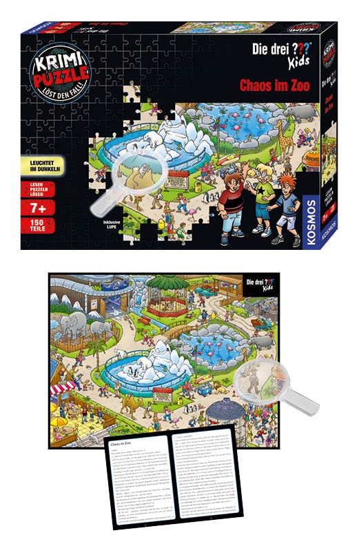 Schachtelansicht des Krimi-Puzzles „Die drei ??? Kids – Chaos im Zoo“ von KOSMOS mit 150 Teilen, Lupe und dem Hinweis „leuchtet im Dunkeln“.