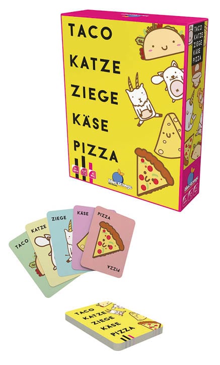 Bunte Karten und gelbe Spielbox mit den Motiven Taco, Katze, Ziege, Käse und Pizza von Blue Orange für Konzentration und Reaktionsschnelligkeit.