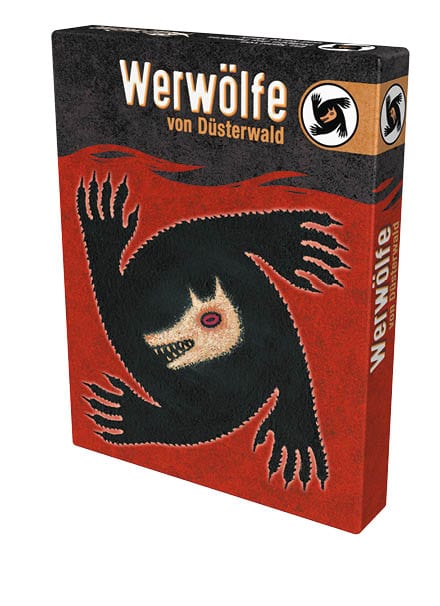 Die rot-schwarze Spielbox „Werwölfe von Düsterwald“ von Zygomatic mit Werwolfsmaske, markanten Krallen und klar lesbarer Titelauflschrift.