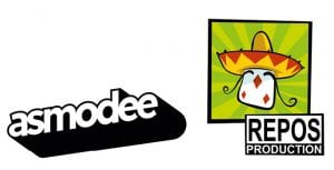 Schwarz-grünes Logo mit dem Asmodee-Schriftzug und dem „REPOS PRODUCTION“-Text, kombiniert mit einer stilisierten Figur in leuchtenden Grünflächen.