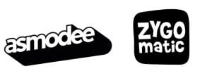 Schwarz-weiße Logos von Asmodee und Zygomatic mit markantem Schriftzug und abgerundeten, kontrastreichen Flächen auf hellem Hintergrund.