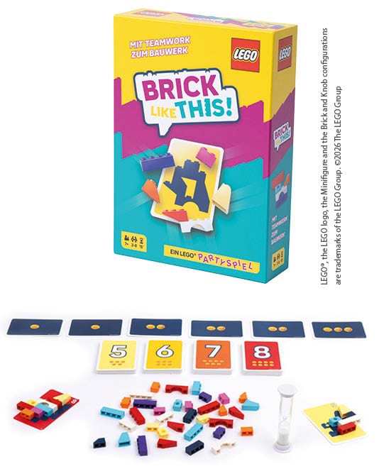 Buntes BRICK LIKE THIS!-Spielset mit LEGO®-Steinen: rechteckige Box und mehrere Karten mit Zahlen 5 bis 8, daneben Bausteine und Bauteile.