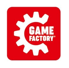 Rotes Game-Factory-Logo mit weißem Zahnrad-Symbol und der Aufschrift „GAME FACTORY“ in einem abgerundeten Quadrat, klarer Kontrast.