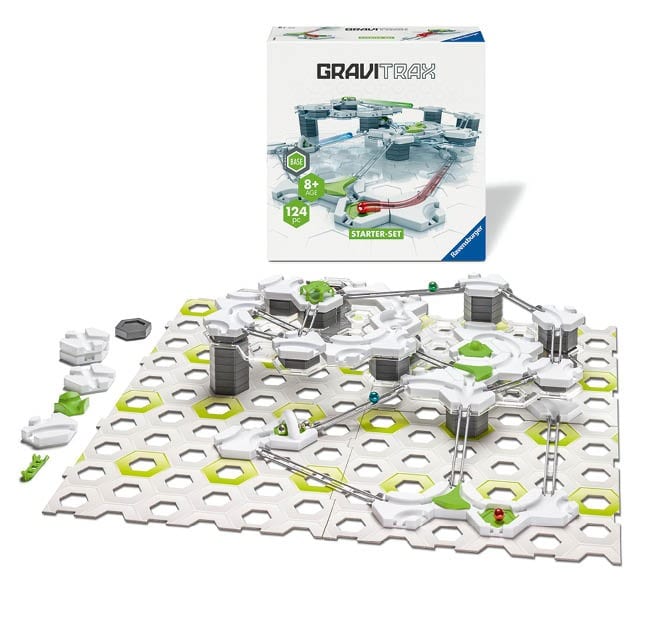 GraviTrax Starter-Set von Ravensburger mit interaktiv gestaltbarem Kugelbahnsystem: modularer Parcours in weiß-grau mit grünen Akzenten und Bahnelementen.