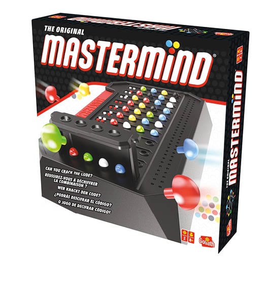 Schwarz-bunte Kartonverpackung des Denkspiels Mastermind von Goliath Toys GmbH mit farbigen Spielstiften, Hinweisen in Rot und Weiß, Logik und Strategie