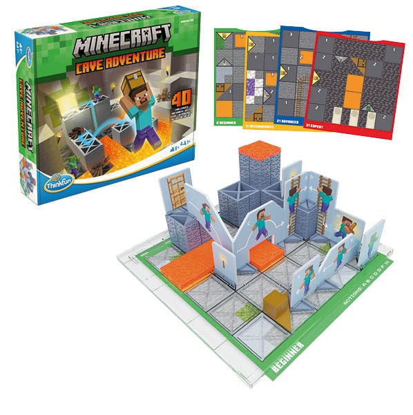 Spielbrett und Karten zum Logikspiel „Minecraft Cave Adventure“ von ThinkFun: grüne und graue Höhlenkulisse mit orangefarbenen Flächen und Minecraft-Figuren.