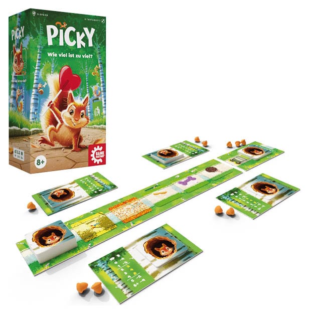 Picky Memo- und Sammelspiel von Game Factory mit Eichhörnchenmotiv, grünen Spielkarten und sichtbaren Spielplättchen für Logik, Strategie und Überblick.