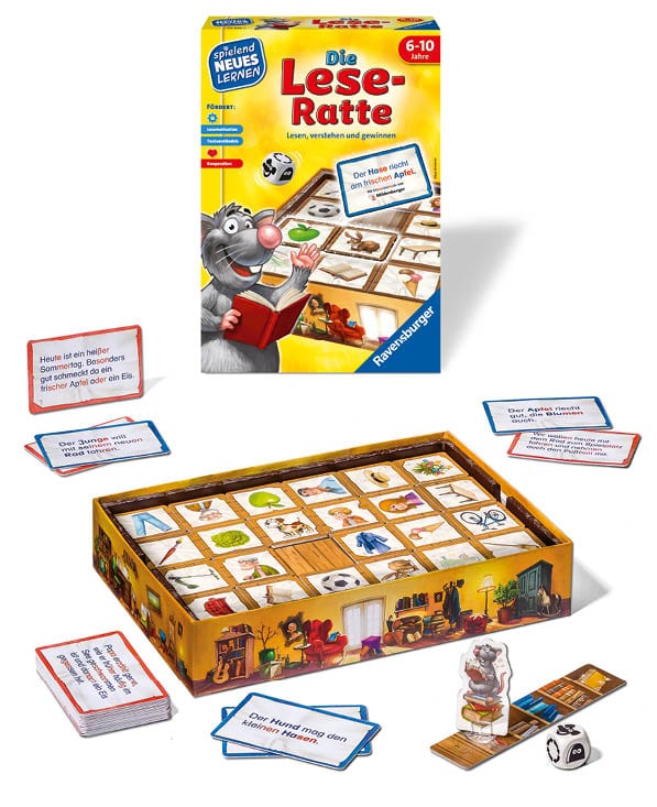 Gelbe Spielbox „Die Lese-Ratte“ von Ravensburger mit Tierillustration und sichtbarem Spielplan sowie Aufgabenkarten, passend zur Silbenmethode nach Mildenberger.