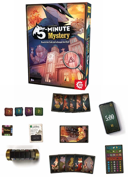 Mehrfarbiges Spielmaterial zum Detektivspiel „5 Minute Mystery“ von Game Factory, mit 5:00-Timeranzeige, Karten, Codex-Elementen und Lupe-Optik auf weißem Hintergrund.
