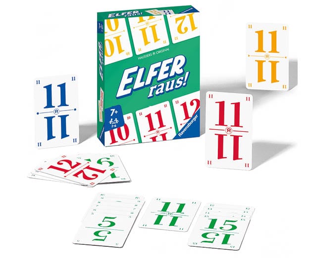 Elfer raus! Junior von Ravensburger mit Kartenlegespiel, grünem Karton und Zahlenwerten von 1 bis 20, mit 80 Karten in vier Farben.