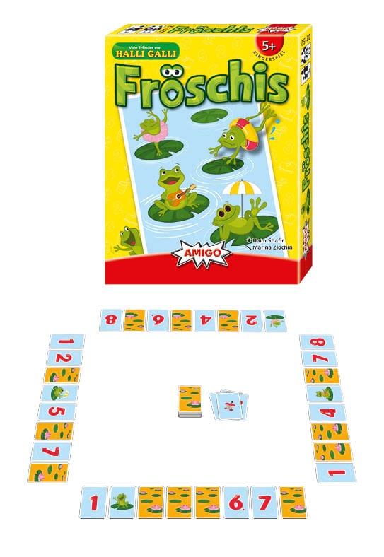 Gelbe AMIGO-Schachtel „Fröschis“ mit Froschmotive am Froschteich und sichtbaren Zahlenkarten, ergänzt durch Jokerkarten-Design und farbige Spielkarten.