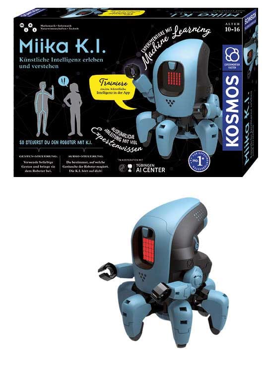 Miika K.I. von KOSMOS: blau-grauer Roboter mit roter LED und klar erkennbarer K.I.-Beschriftung, passend zum Künstliche-Intelligenz-Training mit App und Gesten