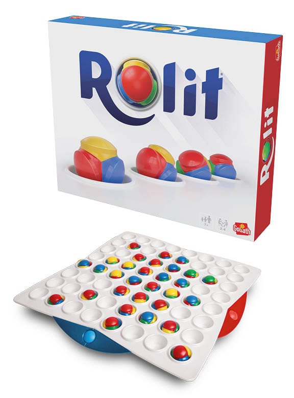 Spiel Rolit von Goliath Toys: quadratisches Spielbrett mit 64 Vertiefungen und vierfarbigen Kugeln, zum Blockieren und Drehen von Reihen.