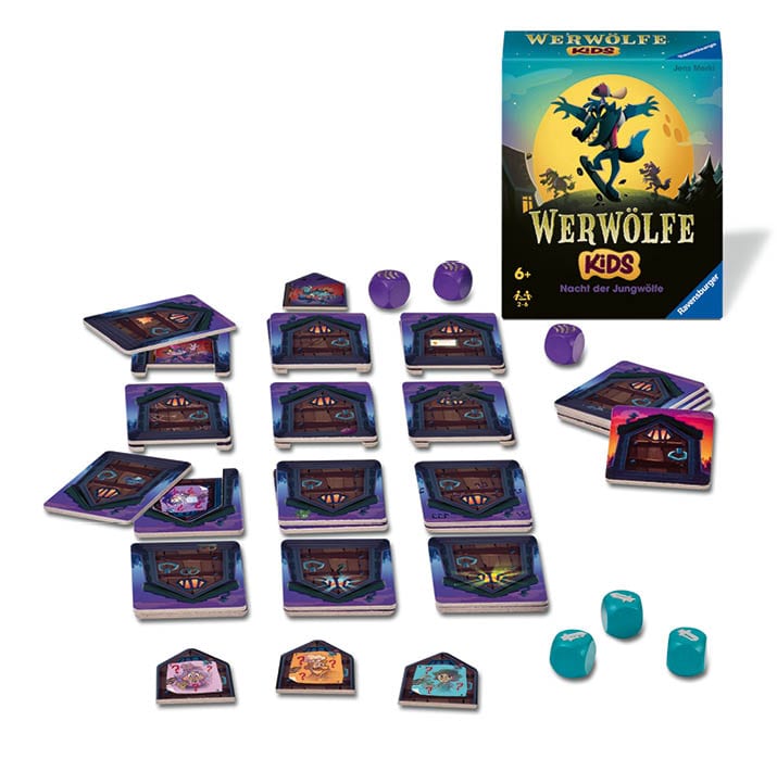 Werwölfe KIDS von Ravensburger mit Mondmotiv, blauen und lila Spielsteinen sowie Karten zum Spiel „Nacht der Jungwölfe“.