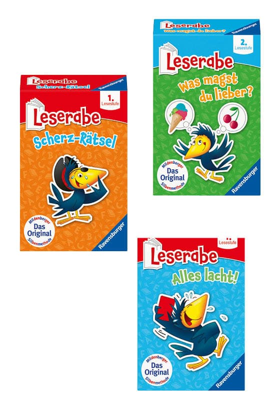 Farbige Boxen der Leserabe-Kartenspiele von Ravensburger: „Scherz-Rätsel“, „Alles lacht“ und „Was magst du lieber?“ mit Mildenberger Silbenmethode.