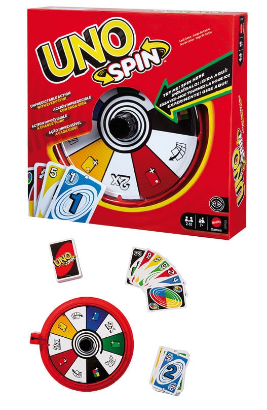 Rote UNO SPIN Verpackung mit Drehscheibe und bunten Spielkarten, darunter Zahlenkarten und Aktionssymbole von Mattel Games.