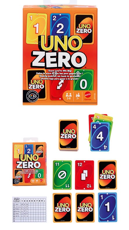 UNO ZERO Kartenspiel mit orange-schwarzer Verpackung von Mattel Games, dazu bunte Karten mit Zahlen und Symbolen für Logik und Strategie.