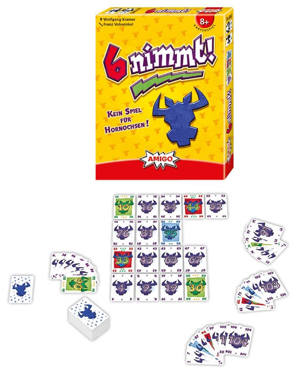 Gelbe Verpackung und Karten von 6 nimmt! von AMIGO, mit Zahlen von 1 bis 104 sowie Minuspunkten für knifflige Spielzüge im Kartenspiel.