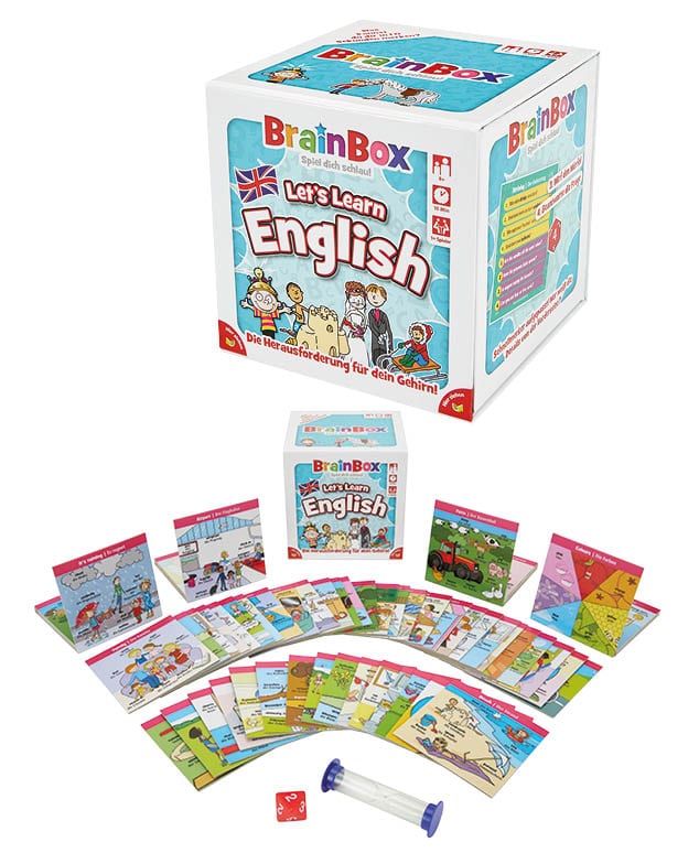 BrainBox „Let’s Learn English“ mit bunter Kartenauswahl: Englisch-Begriffe auf Bildkarten, dazu Sanduhr und Würfel aus dem Spiel-Set.