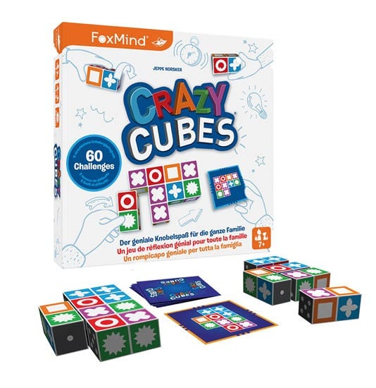 Bunte Würfel und Kartenvorlagen zum Knobelspiel „Crazy Cubes“ von FoxMind, darunter 60 Challenges und farbige Symbolfelder auf dem Spielmaterial.