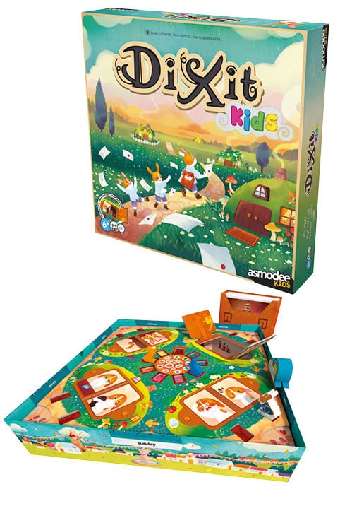 Brettspiel „Dixit Kids“ mit liebevoll gestalteten Stimmungskarten in grüner Landschaft: Einladung zur Geburtstagsfeier des Hurtigen Hasen.