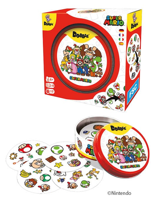 Rot umrandete Verpackung von DOBBLE SUPER MARIO mit Super-Mario-Welt Motiven, vielen Symbolen und Figuren sowie 55 Spielkarten, von Nintendo.