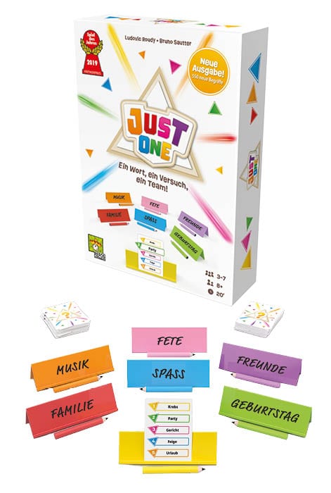 Weiße Spieleschachtel von Repos mit der Aufschrift „JUST ONE“ und bunten Hinweistafeln für die gemeinsame Wortsuche mit verdeckten Hinweisen.
