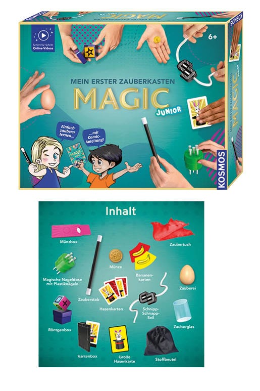 Die grün-blaue rechteckige Box „Mein erster Zauberkasten Magic Junior“ von KOSMOS mit Altersangabe 6+ und Blick auf den Inhalt „Zaubertricks & Kunststücke“.