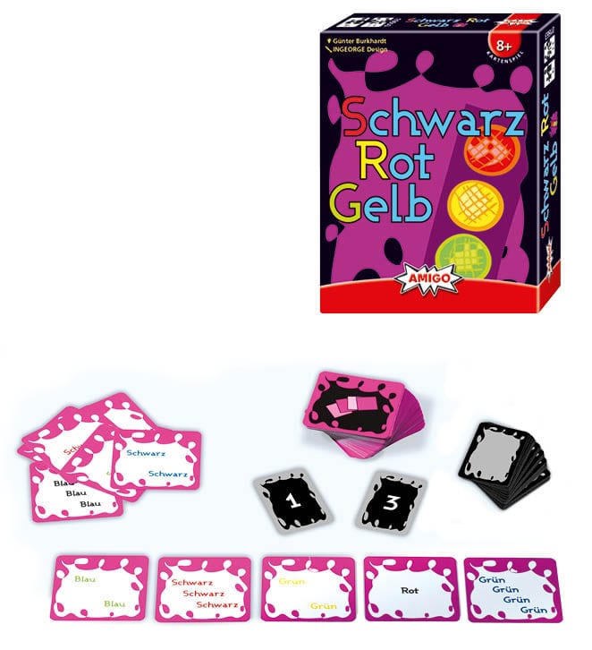 Blick auf das Kartenspiel Schwarz Rot Gelb von AMIGO mit 8+ Aufdruck: bunte Karten mit unterschiedlichen Farbwörtern, Schwarz-Rot-Gelb-Farben im Fokus.