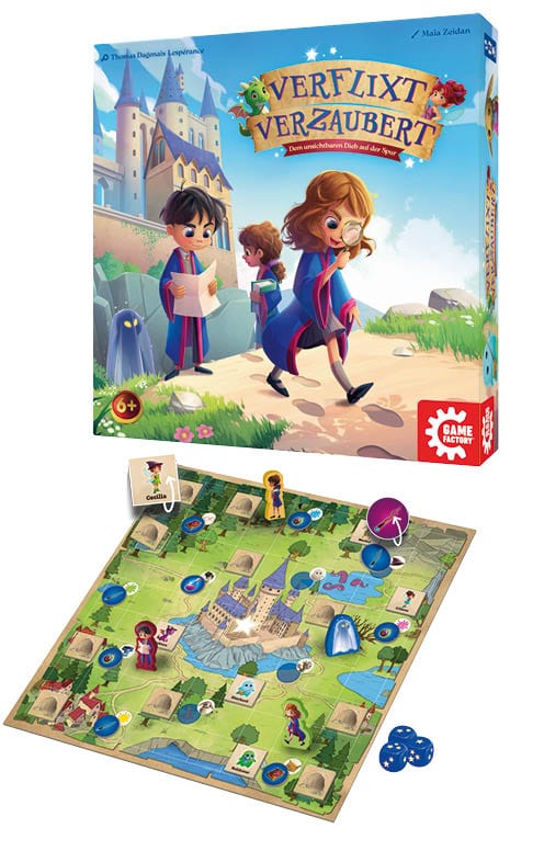 Auf dem blauen Cover von „Verflixt Verzaubert“ von Game Factory stehen Titel und Logo, dazu ein grünes Spielbrett mit Hokuspokus-Elementen und Altersangabe 6+.