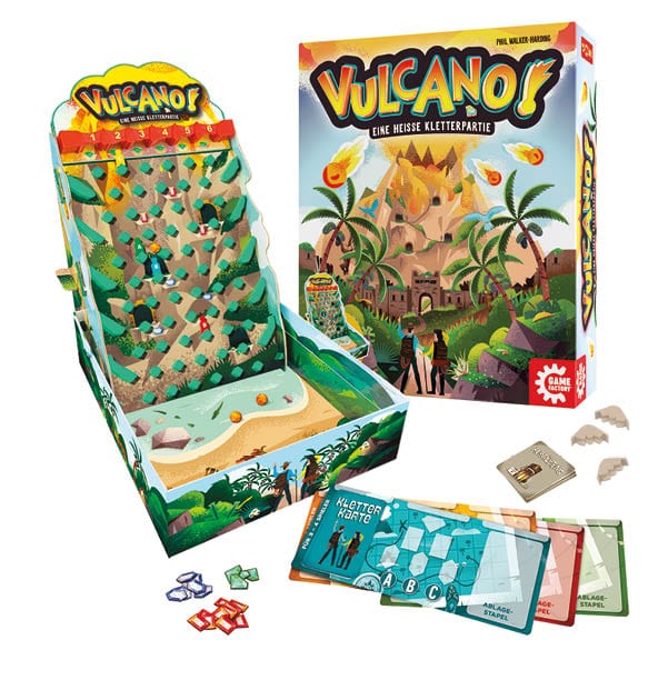 Brettspiel „Vulcano!“ von Game Factory mit bunter Vulkan-Optik, Kletterpartie, Karten und Schatzfeldern sowie Lavakugeln im Set-Überblick.