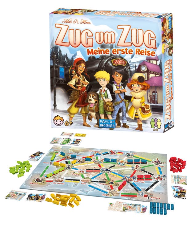 Brettspiel „Zug um Zug – Meine erste Reise“ von Days of Wonder mit farbigen Zügen und europäischem Streckennetz, blau-weiß illustriert.