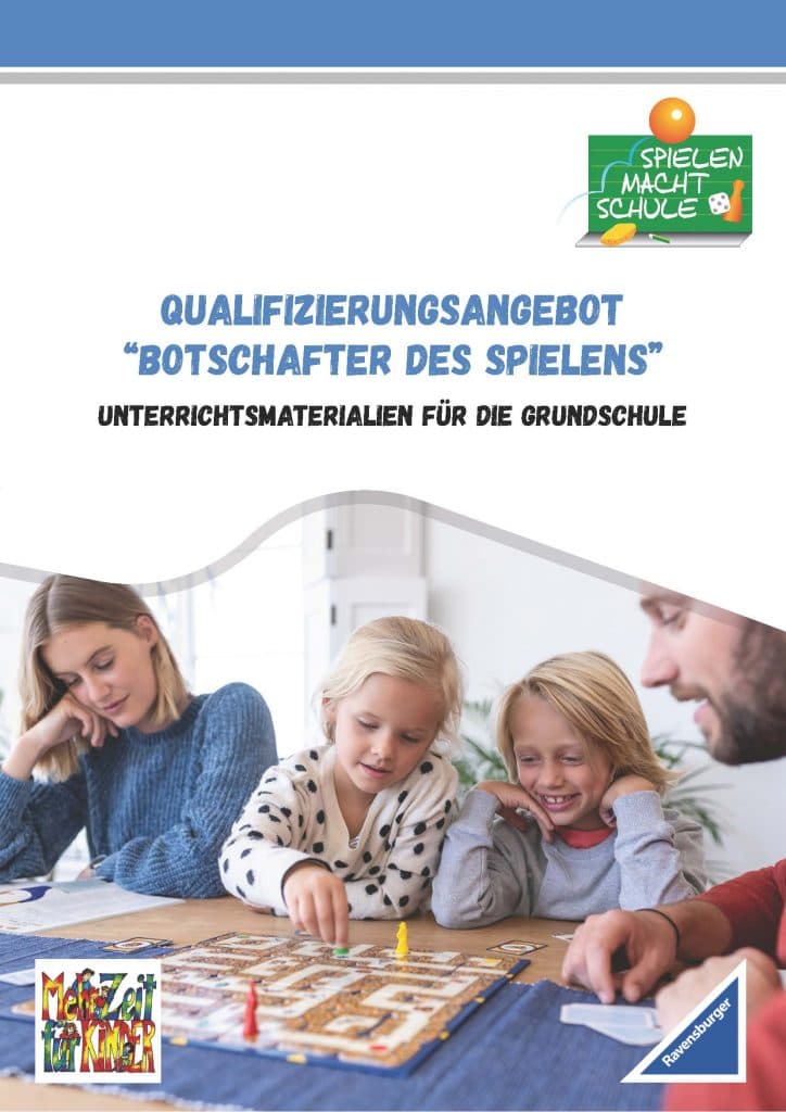 Blau-grüne Qualifizierungsgrafik „Botschafter des Spielens“ mit dem Hinweis auf Unterrichtsmaterialien für die Grundschule sowie „Spielen macht Schule“ und Spielmotiven.